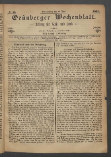 Gr&uuml;nberger Wochenblatt: Zeitung f&uuml;r Stadt und Land, No. 45. (8. Juni 1871)
