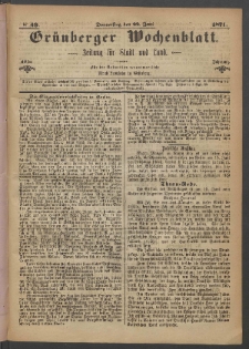 Gr&uuml;nberger Wochenblatt: Zeitung f&uuml;r Stadt und Land, No. 49. (22. Juni 1871)