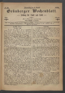 Gr&uuml;nberger Wochenblatt: Zeitung f&uuml;r Stadt und Land, No. 61. (3. August 1871)