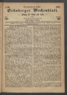 Gr&uuml;nberger Wochenblatt: Zeitung f&uuml;r Stadt und Land, No. 63. (10. August 1871)