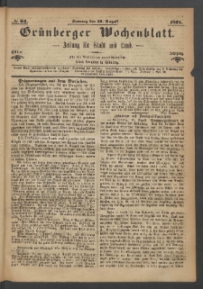 Gr&uuml;nberger Wochenblatt: Zeitung f&uuml;r Stadt und Land, No. 64. (13. August 1871)
