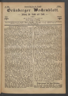 Gr&uuml;nberger Wochenblatt: Zeitung f&uuml;r Stadt und Land, No. 65. (17. August 1871)