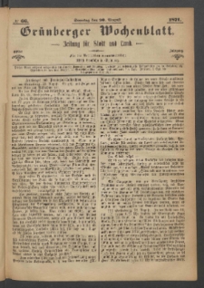 Gr&uuml;nberger Wochenblatt: Zeitung f&uuml;r Stadt und Land, No. 66. (20. August 1871)