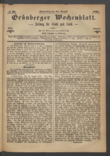 Gr&uuml;nberger Wochenblatt: Zeitung f&uuml;r Stadt und Land, No. 67. (24. August 1871)