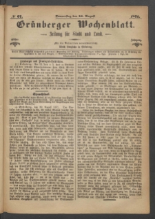 Grünberger Wochenblatt: Zeitung für Stadt und Land, No. 67. (24. August 1871)