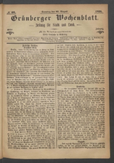 Gr&uuml;nberger Wochenblatt: Zeitung f&uuml;r Stadt und Land, No. 68. (27. August 1871)