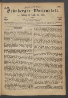 Grünberger Wochenblatt: Zeitung für Stadt und Land, No. 68. (27. August 1871)