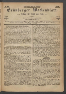 Gr&uuml;nberger Wochenblatt: Zeitung f&uuml;r Stadt und Land, No. 69. (31. August 1871)