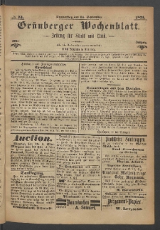 Gr&uuml;nberger Wochenblatt: Zeitung f&uuml;r Stadt und Land, No. 73. (14. September 1871)