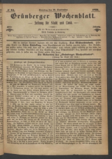 Gr&uuml;nberger Wochenblatt: Zeitung f&uuml;r Stadt und Land, No. 74. (17. September 1871)