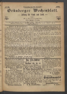 Grünberger Wochenblatt: Zeitung für Stadt und Land, No. 75. (21. September 1871)
