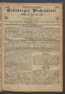 Gr&uuml;nberger Wochenblatt: Zeitung f&uuml;r Stadt und Land, No. 77. (27. September 1871)