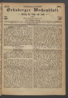 Gr&uuml;nberger Wochenblatt: Zeitung f&uuml;r Stadt und Land, No. 89. (9. November 1871)