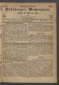 Gr&uuml;nberger Wochenblatt: Zeitung f&uuml;r Stadt und Land, No. 92. (19. November 1871)