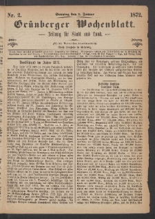 Grünberger Wochenblatt: Zeitung für Stadt und Land, No. 2. (7. Januar 1872)
