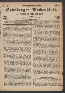 Grünberger Wochenblatt: Zeitung für Stadt und Land, No. 3. (11. Januar 1872)