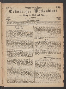Gr&uuml;nberger Wochenblatt: Zeitung f&uuml;r Stadt und Land, No. 4. (14. Januar 1872)