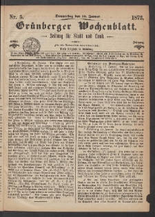 Grünberger Wochenblatt: Zeitung für Stadt und Land, No. 5. (18. Januar 1872)