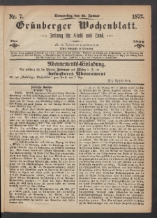 Gr&uuml;nberger Wochenblatt: Zeitung f&uuml;r Stadt und Land, No. 7. (25. Januar 1872)