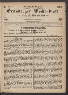 Grünberger Wochenblatt: Zeitung für Stadt und Land, No. 7. (25. Januar 1872)