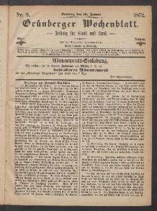 Gr&uuml;nberger Wochenblatt: Zeitung f&uuml;r Stadt und Land, No. 8. (28. Januar 1872)