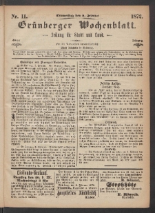 Gr&uuml;nberger Wochenblatt: Zeitung f&uuml;r Stadt und Land, No. 11. (8. Februar 1872)