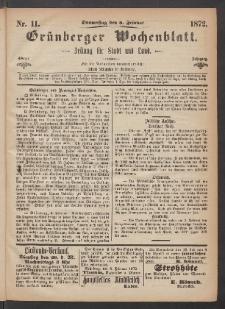 Grünberger Wochenblatt: Zeitung für Stadt und Land, No. 11. (8. Februar 1872)