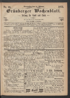 Grünberger Wochenblatt: Zeitung für Stadt und Land, No. 13. (15. Februar 1872)