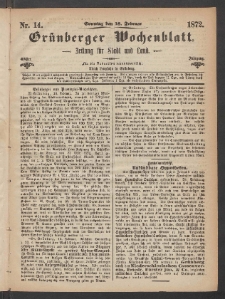 Gr&uuml;nberger Wochenblatt: Zeitung f&uuml;r Stadt und Land, No. 14. (18. Februar 1872)