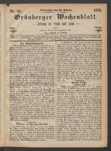 Grünberger Wochenblatt: Zeitung für Stadt und Land, No. 15. (22. Februar 1872)