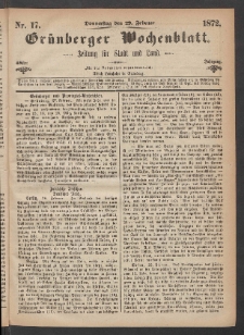 Grünberger Wochenblatt: Zeitung für Stadt und Land, No. 17. (29. Februar 1872)