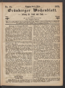Grünberger Wochenblatt: Zeitung für Stadt und Land, No. 18. (3. März 1872)