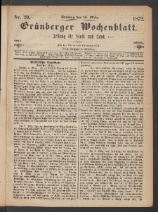 Grünberger Wochenblatt: Zeitung für Stadt und Land, No. 20. (10. März 1872)