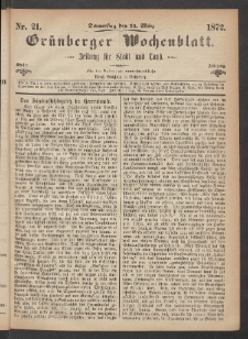 Grünberger Wochenblatt: Zeitung für Stadt und Land, No. 21. (14. März 1872)