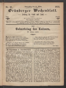 Gr&uuml;nberger Wochenblatt: Zeitung f&uuml;r Stadt und Land, No. 23. (21. M&auml;rz 1872)