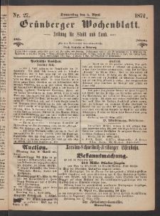 Grünberger Wochenblatt: Zeitung für Stadt und Land, No. 27. (4. April 1872)