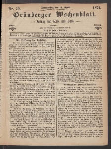 Gr&uuml;nberger Wochenblatt: Zeitung f&uuml;r Stadt und Land, No. 29. (11. April 1872)