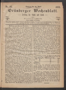 Gr&uuml;nberger Wochenblatt: Zeitung f&uuml;r Stadt und Land, No. 32. (21. April 1872)