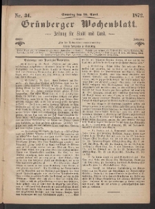 Gr&uuml;nberger Wochenblatt: Zeitung f&uuml;r Stadt und Land, No. 34. (28. April 1872)