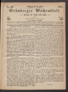 Grünberger Wochenblatt: Zeitung für Stadt und Land, No. 34. (28. April 1872)