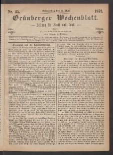 Gr&uuml;nberger Wochenblatt: Zeitung f&uuml;r Stadt und Land, No. 35. (2. Mai 1872)