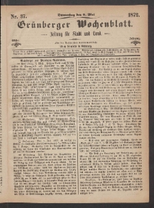 Grünberger Wochenblatt: Zeitung für Stadt und Land, No. 37. (9. Mai 1872)