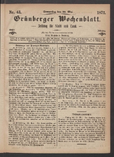 Gr&uuml;nberger Wochenblatt: Zeitung f&uuml;r Stadt und Land, No. 43. (30. Mai 1872)