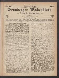 Grünberger Wochenblatt: Zeitung für Stadt und Land, No. 44. (2. Juni 1872)