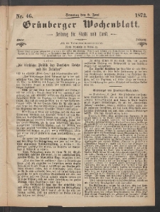 Gr&uuml;nberger Wochenblatt: Zeitung f&uuml;r Stadt und Land, No. 46. (9. Juni 1872)