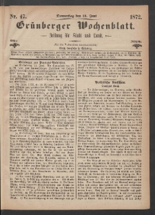 Grünberger Wochenblatt: Zeitung für Stadt und Land, No. 47. (13. Juni 1872)