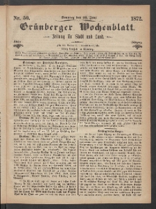 Gr&uuml;nberger Wochenblatt: Zeitung f&uuml;r Stadt und Land, No. 50. (23. Juni 1872)