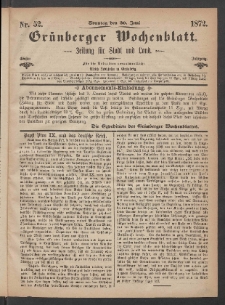 Gr&uuml;nberger Wochenblatt: Zeitung f&uuml;r Stadt und Land, No. 52. (30. Juni 1872)