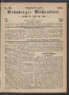 Gr&uuml;nberger Wochenblatt: Zeitung f&uuml;r Stadt und Land, No. 53. (4. Juli 1872)