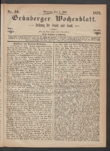 Gr&uuml;nberger Wochenblatt: Zeitung f&uuml;r Stadt und Land, No. 54. (7. Juli 1872)